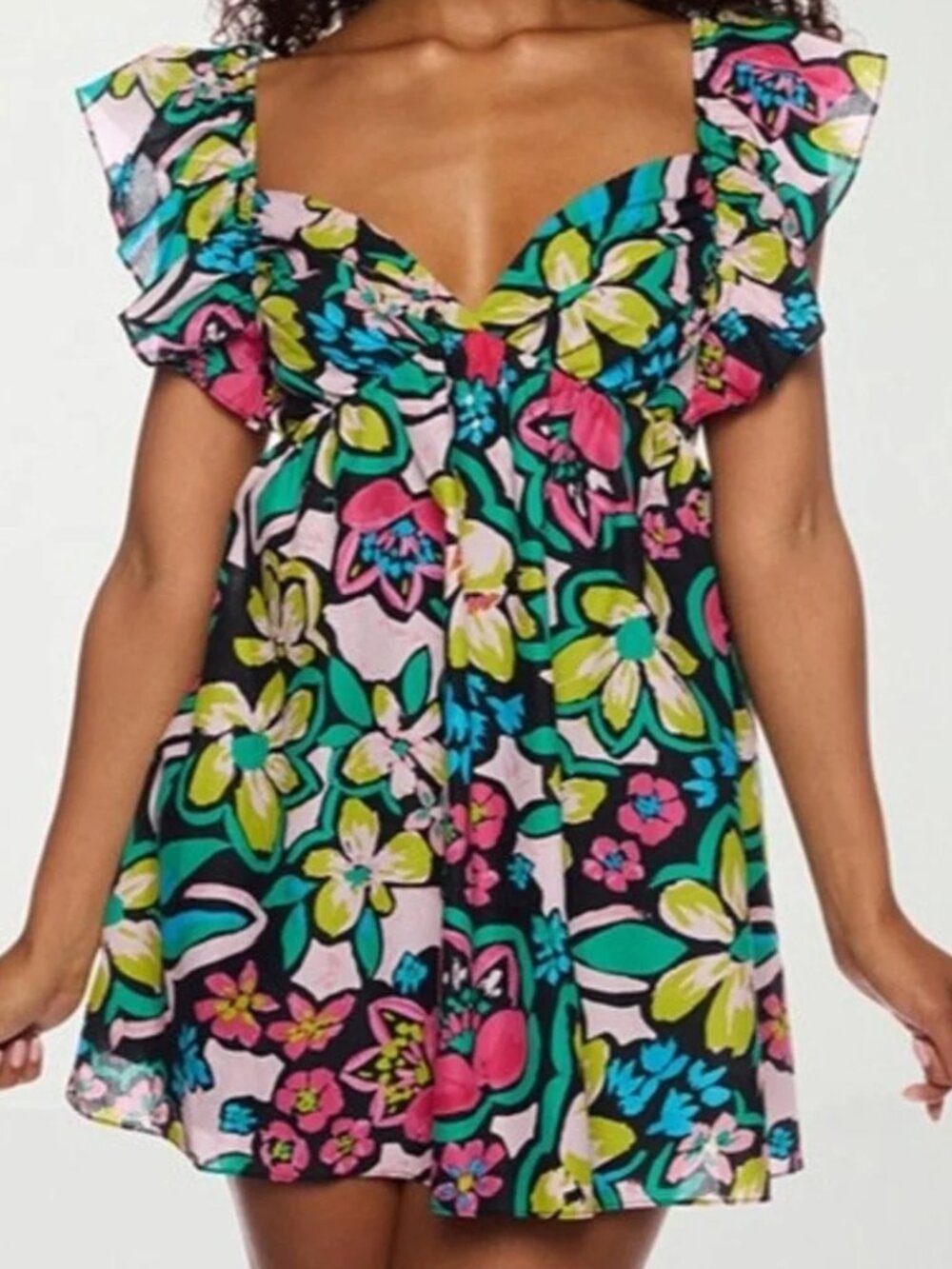 NEW! B. Smart Black/Multi Color Floral Tie-Back Flutter Sleeve Dress Size 15